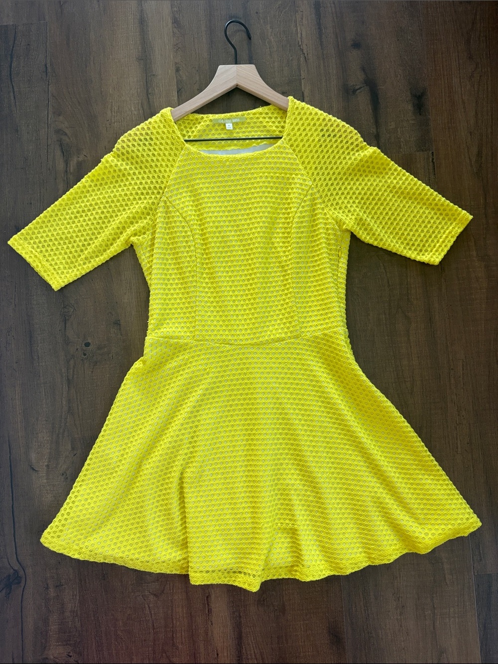 Gianni Bini Sunny Yellow Textured Fit-and-Flare Mini Dress M